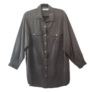 Silhouettes 100% Silk Button Down Tunic Top Sz 1X Minimalist Collar Long Sleeve